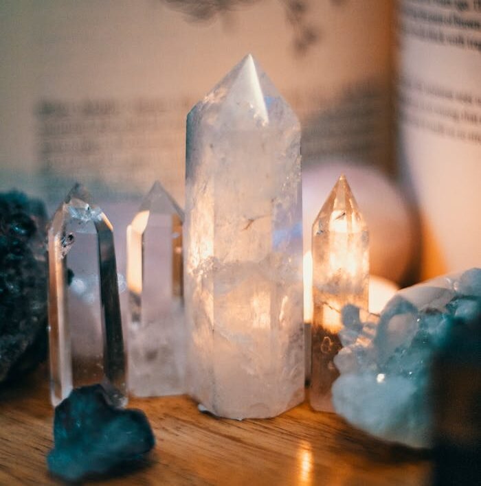 Crystals on Wooden Table